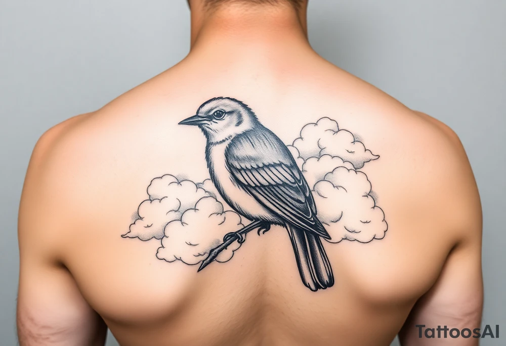 Kentucky bluebird with realistic clouds tattoo idea