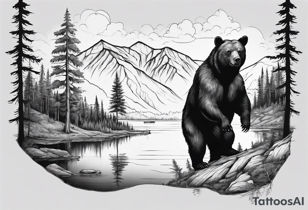 black bear over a forest with a lake below, full sleeve tattoo idea
