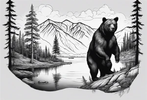 black bear over a forest with a lake below, full sleeve tattoo idea