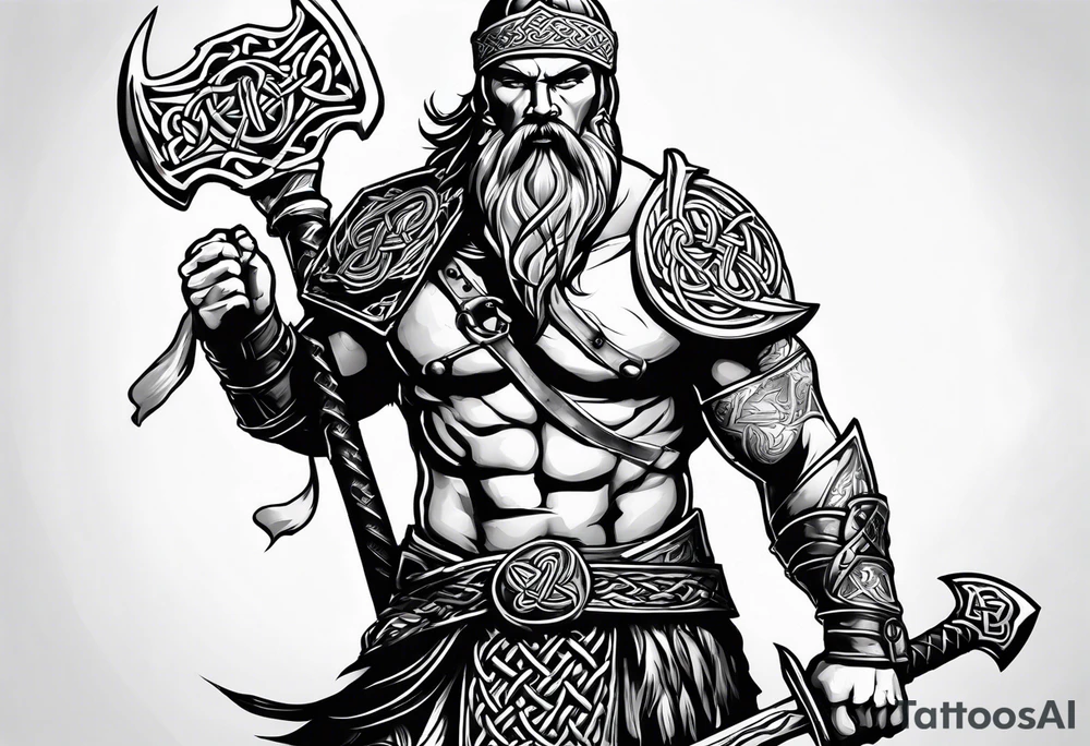 Full body side profile of
Celtic warrior with an axe in one hand and a sword in the other walking into battle tattoo idea
