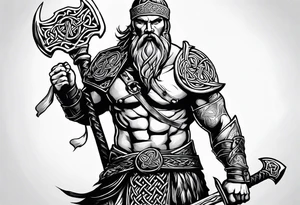 Full body side profile of
Celtic warrior with an axe in one hand and a sword in the other walking into battle tattoo idea