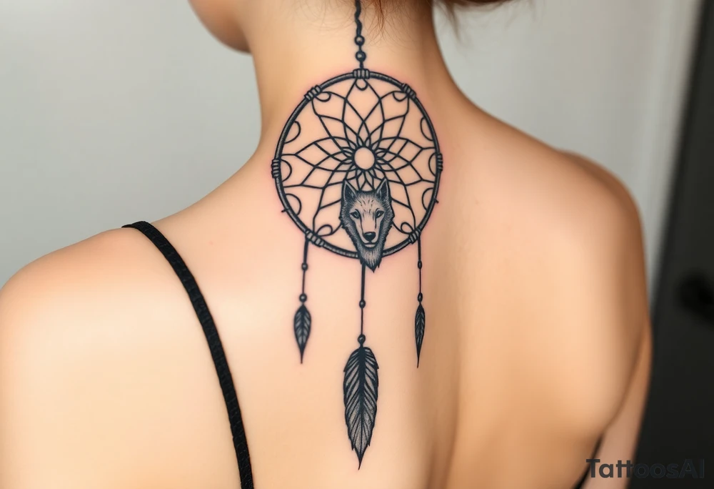 Dreamcatcher with zodiac symbols and protection runes caught in it with wolf teal tattoo idea