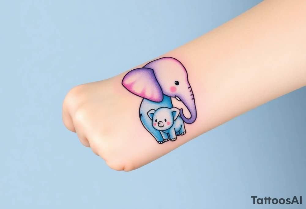 A mother elephant  with her baby, with soft blues and purples representing wisdom and protection. tattoo idea