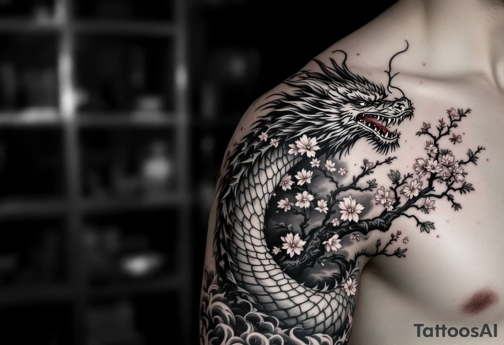forearm sleeve tattoo, a dragon with a sakura tree tattoo idea forearm sleeve tattoo, a dragon with a sakura tree tattoo idea