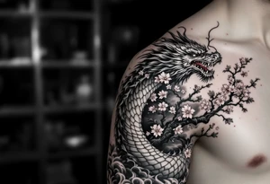 forearm sleeve tattoo, a dragon with a sakura tree tattoo idea