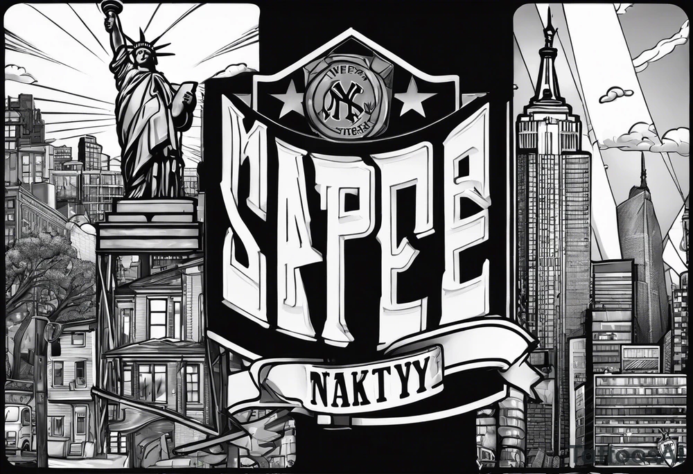 Upper right arm sleeve Statue of Liberty with street sign with shoes hanging off of it buildings in the background and the New York Yankees logo tattoo idea