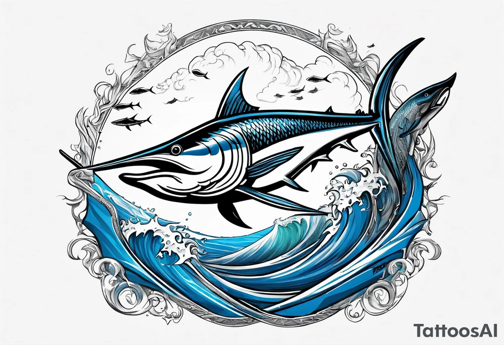 viking superhero catching a blue marlin with tuna jumping tattoo idea