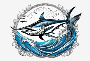 viking superhero catching a blue marlin with tuna jumping tattoo idea