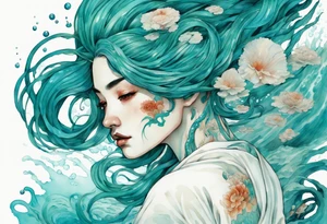 a woman made out of water with gills emerging from the sea, turquoise hair, wearing a white robe, tattoo idea