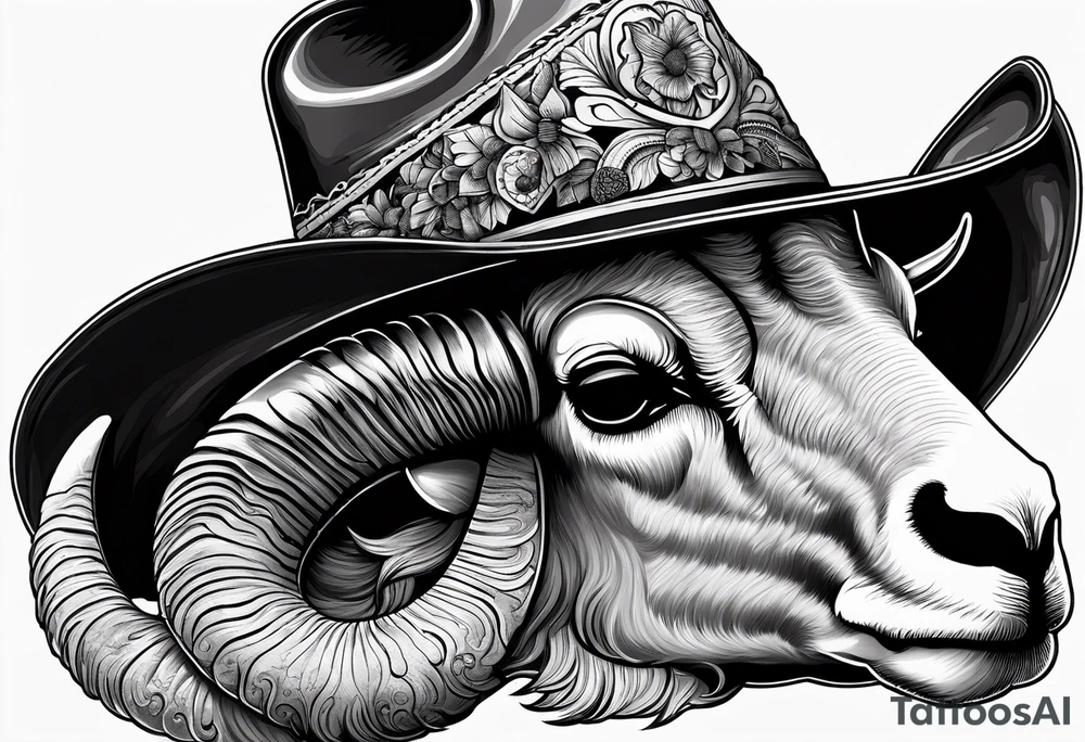 A ram skull with cowboy hat hanging off the end of one of the horns and the words sleep through the storm tattoo idea