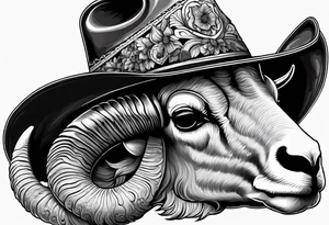 A ram skull with cowboy hat hanging off the end of one of the horns and the words sleep through the storm tattoo idea
