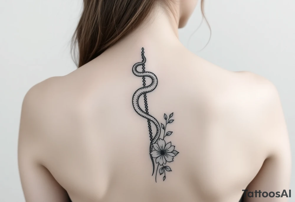 generate a spine tattoo with a snake wrapping around the spine and light florals tattoo idea