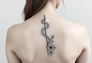 generate a spine tattoo with a snake wrapping around the spine and light florals tattoo idea