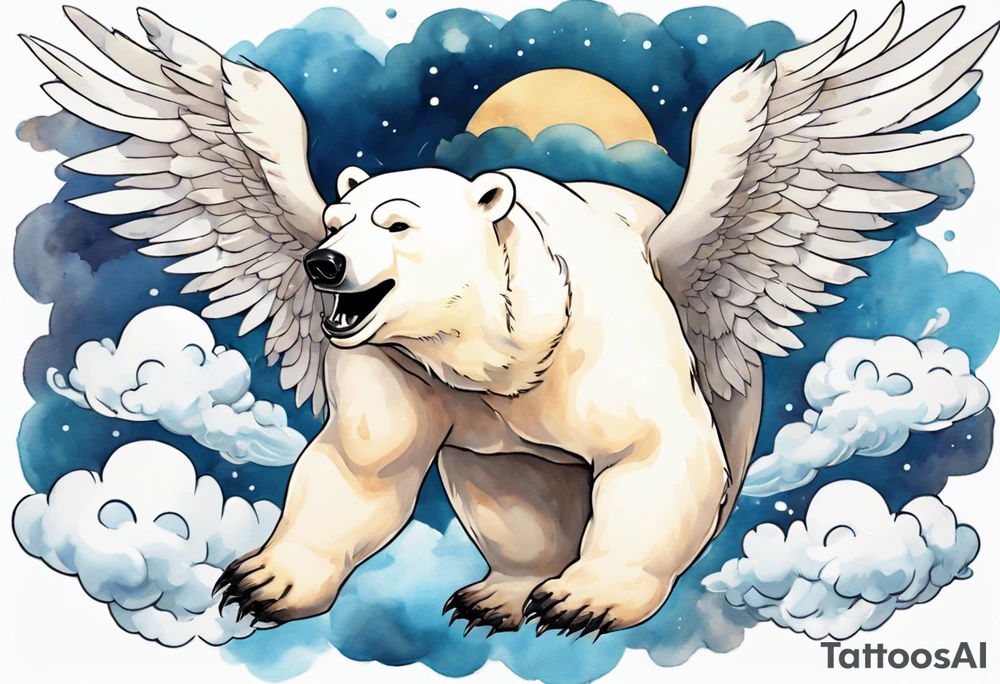 a polar bear with wings surrounded by clouds in the sky, laughing tattoo idea