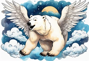 a polar bear with wings surrounded by clouds in the sky, laughing tattoo idea