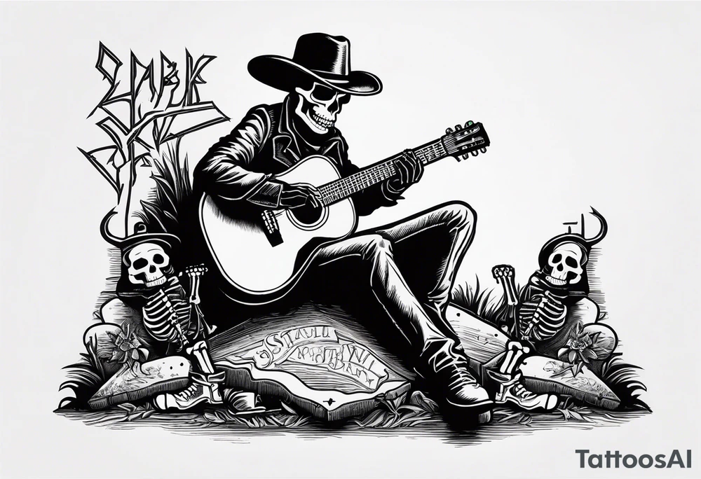 A skeleton with a cowboy hat on playing the guitar while sitting on a gravestone engraved with the words "Still Kickin'" and a pair of cowboy boots. The skeleton should be all bones and the sole should be more similar to a flash tattoo tattoo idea