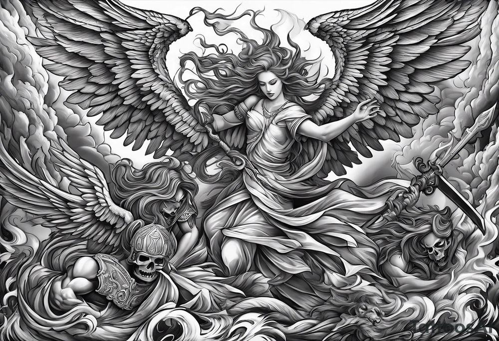 Angels fighting demons over fire with skuls in the background tattoo idea