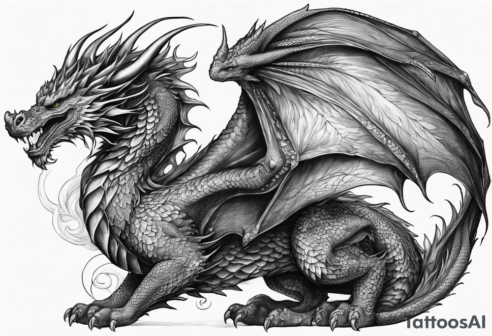 Powerfull magestic medieval black fire dragon tattoo idea