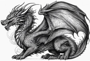 Powerfull magestic medieval black fire dragon tattoo idea