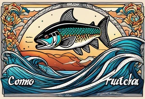 A small tattoo with a shaded trout and text that says, 'Como la trucha...' drawn with fine lines." tattoo idea