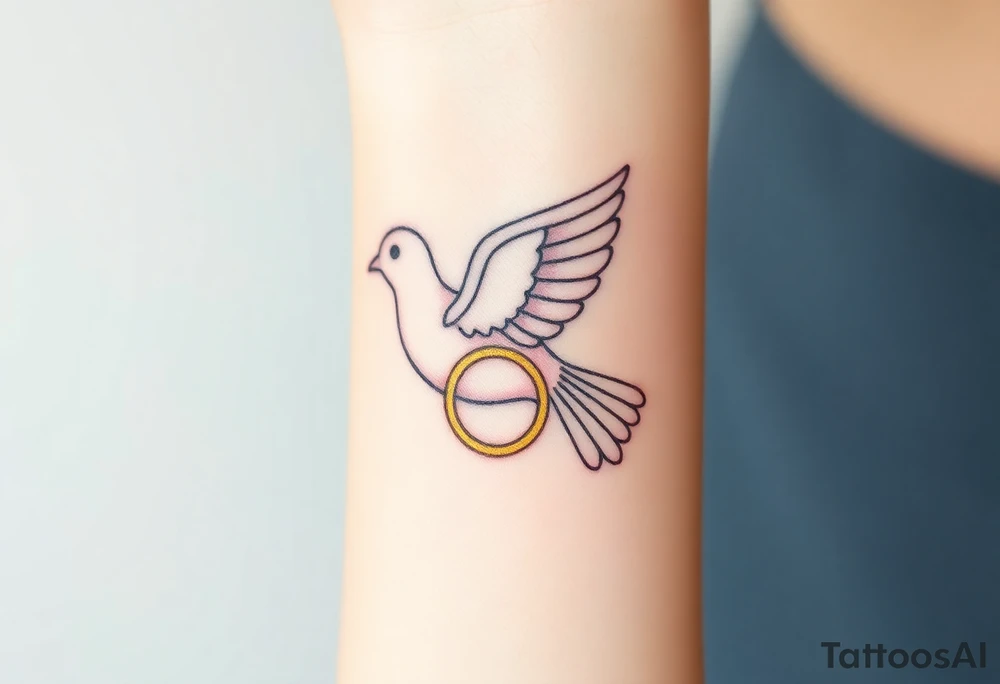 A collared dove with a golden wedding ring clasped in its talons, in a soft golden hue with the dove in pale gray and white, symbolizing commitment and eternal love tattoo idea