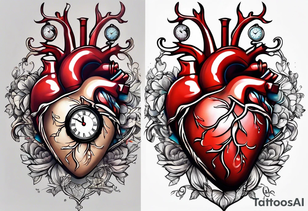 Anatomical heart with clock tattoo idea