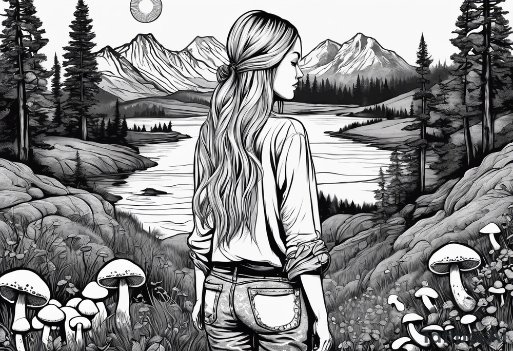Whole picture encircled fully

Straight long blonde hair hippie girl in distance holding mushrooms in hand facing away toward mountains and creek surrounded by mushrooms long sleeve shirt and hiking pants; whole rendering within a full circle, no cut off circle tattoo idea