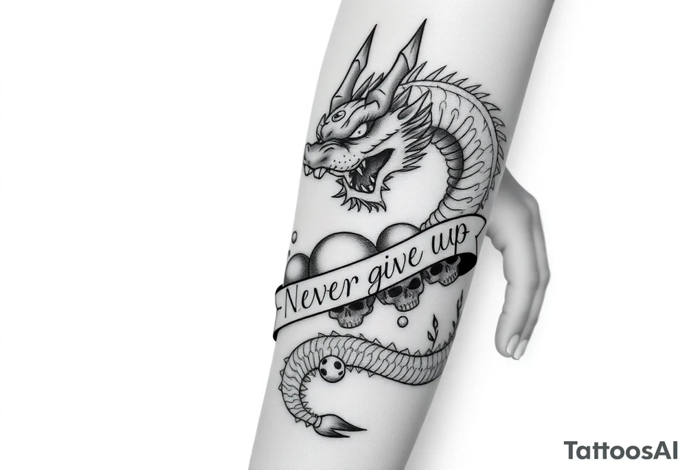 i want a big dragon on the forearm that wraps around the forearm with its tail. No wings. I want to be chinese and looking angry. I want a skull or some skulls involved in the tattoo. I want a banner that has «Never give up» written on it in chinese letters. I want the numbers 99/04 somewhere on it aswell. tattoo idea