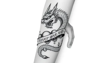 i want a big dragon on the forearm that wraps around the forearm with its tail. No wings. I want to be chinese and looking angry. I want a skull or some skulls involved in the tattoo. I want a banner that has «Never give up» written on it in chinese letters. I want the numbers 99/04 somewhere on it aswell. tattoo idea