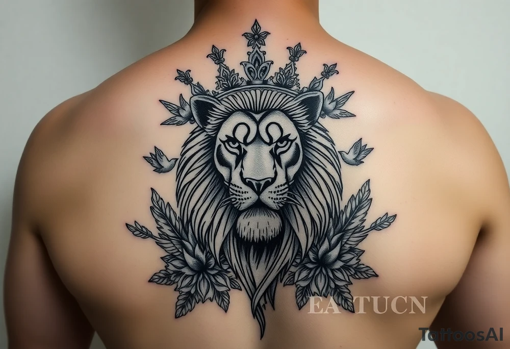powerful majestic lion with a crown, surrounded by floral ornaments and birds tattoo idea