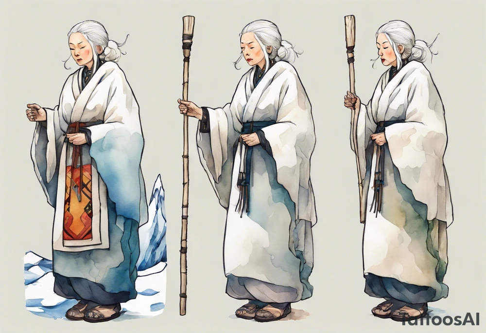 a 40 year old Sami woman with white hair and a white robe holding a long white wood stick, standing on an iceberg tattoo idea
