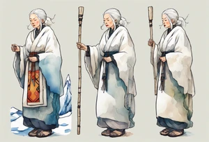 a 40 year old Sami woman with white hair and a white robe holding a long white wood stick, standing on an iceberg tattoo idea