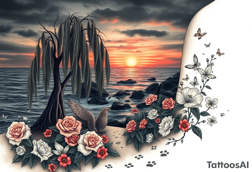 Dark ocean with rocks sunset, weeping willow garden with roses and lilies flower beds. fantasy creatures, fairies, siren, dragonflies, butterflies, cat paw prints path in dirt. tattoo idea