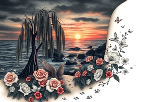 Dark ocean with rocks sunset, weeping willow garden with roses and lilies flower beds. fantasy creatures, fairies, siren, dragonflies, butterflies, cat paw prints path in dirt. tattoo idea
