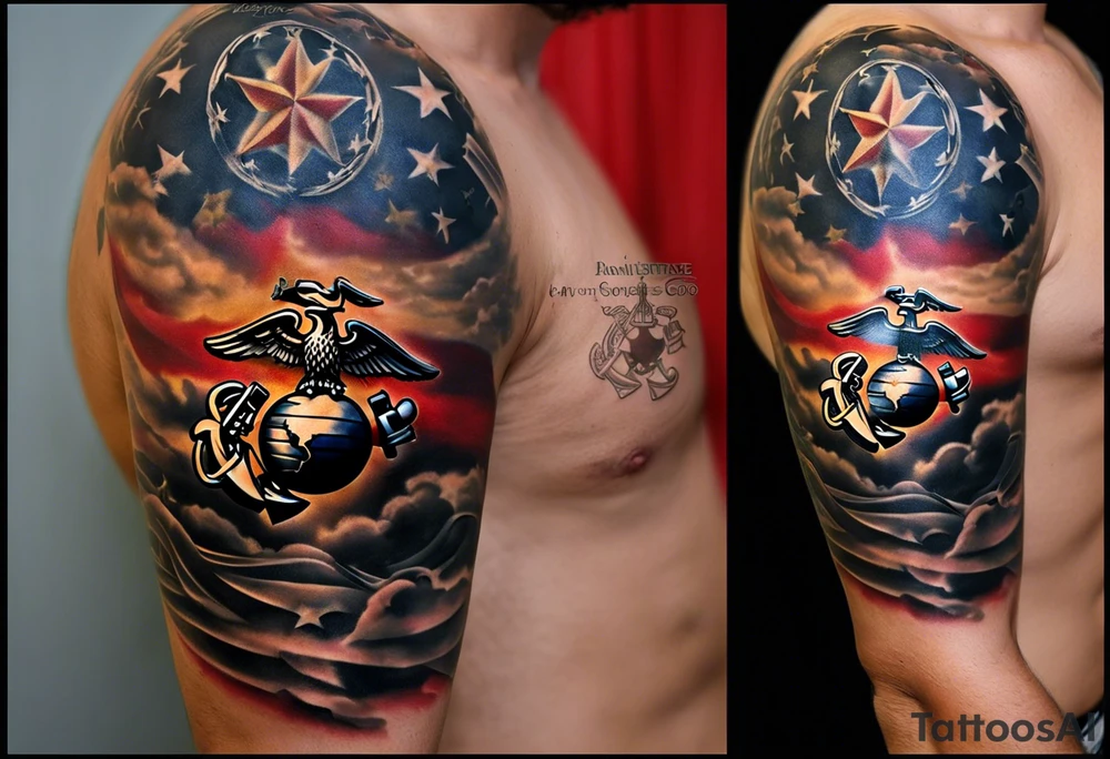 A Marine Corps sleeve tattoo with a memorial theme typically incorporates elements that honor fallen comrades or signify remembrance. Here’s a detailed description:

The tattoo begins at the shoulder, where the Marine Corps emblem, the eagle, globe, and anchor, is prominently displayed. The eagle is tattoo idea