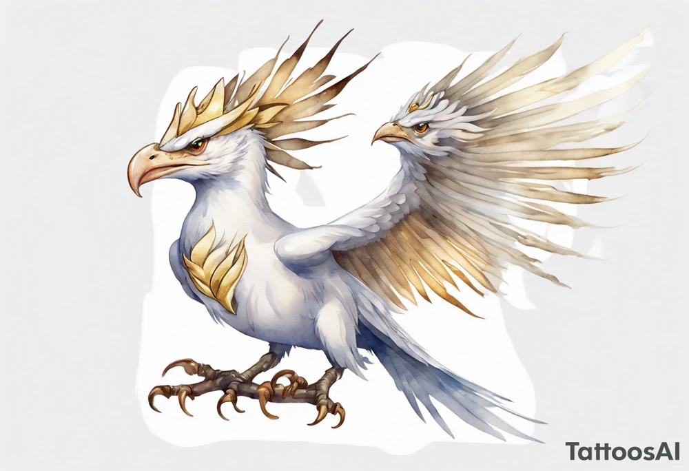 a watercolor of a white bird-wyvern hybrid wearing a plain crown, with light gold wing feathers tattoo idea