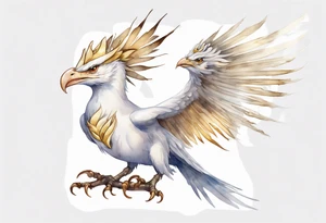 a watercolor of a white bird-wyvern hybrid wearing a plain crown, with light gold wing feathers tattoo idea