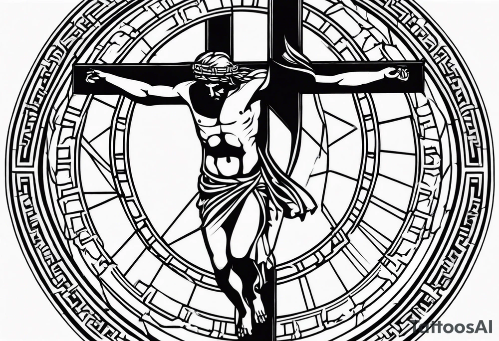 Circle made with Roman numerals, with a crucified man inside the circle tattoo idea Circle made with Roman numerals, with a crucified man inside the circle tattoo idea