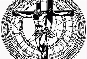 Circle made with Roman numerals, with a crucified man inside the circle tattoo idea