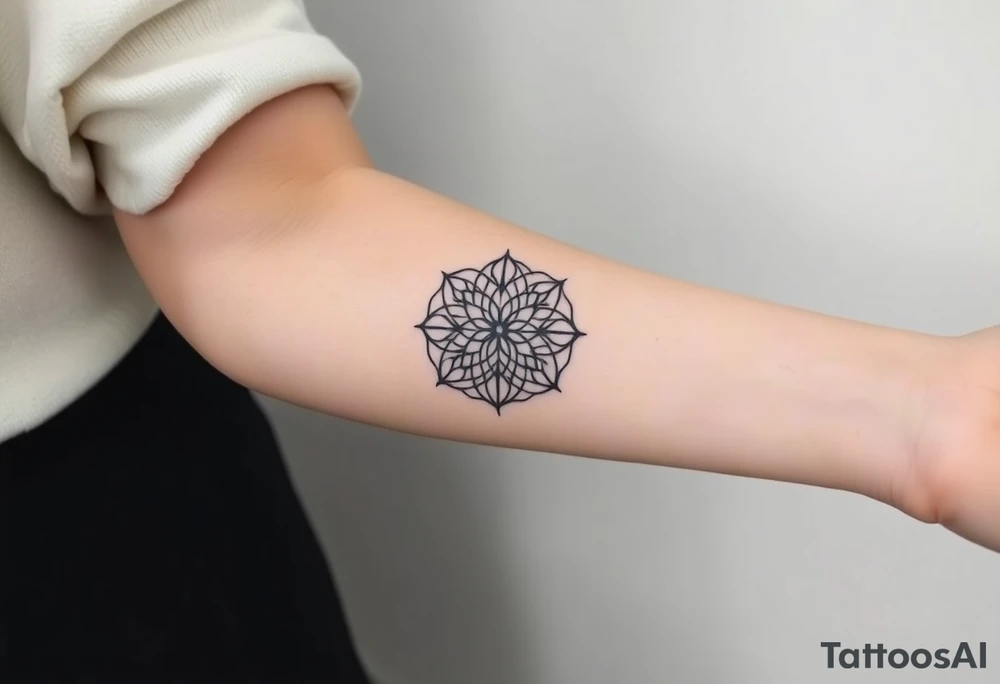 A minimalist black ink Flower of Life, centered on the forearm, with perfect geometric symmetry in cyrcle round tattoo idea