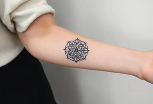 A minimalist black ink Flower of Life, centered on the forearm, with perfect geometric symmetry in cyrcle round tattoo idea