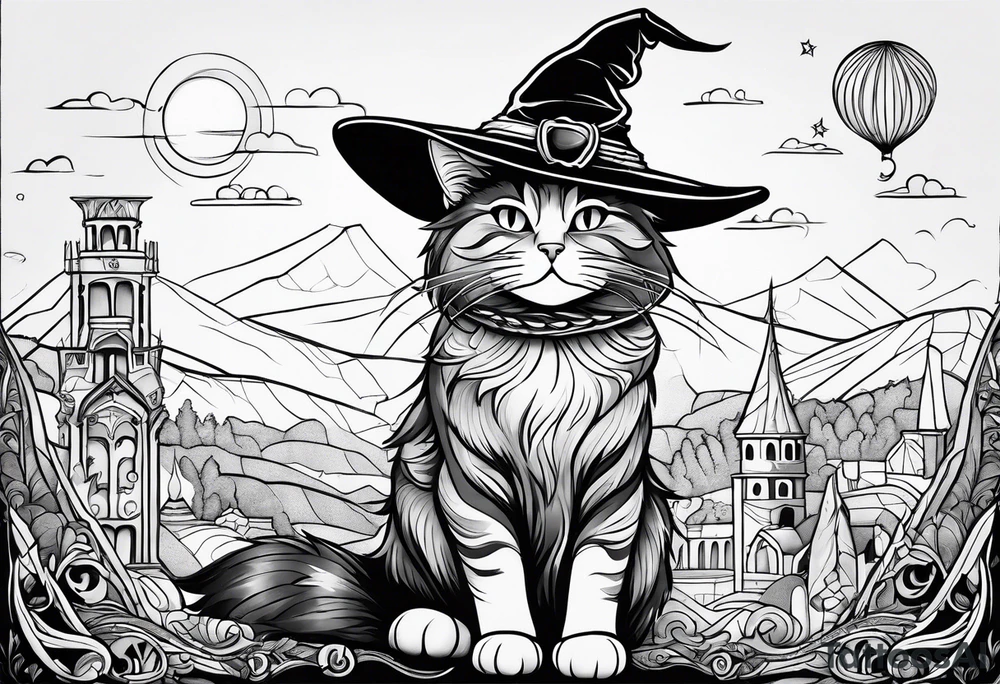 Cat witch looking suspiciously off into the horizon tattoo idea