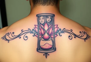 Broken hour glass with a lotus flower and woman with hijab in background tattoo idea