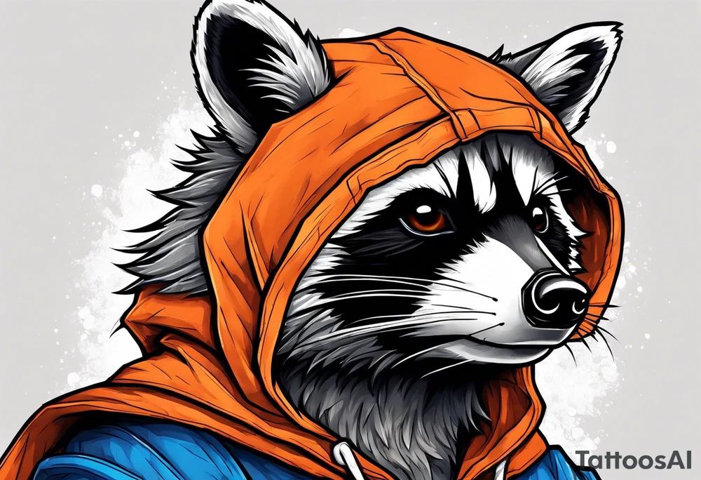 Raccoon wearing an orange Superman hoodie tattoo idea