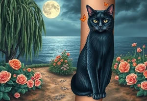 Night time. Ocean.  weeping willow garden with roses and liles flower beds. fantasy creatures, fairies, mermiads, dragons butterflies,  cat paw prints path in dirt. Black cat and orange cat tattoo idea