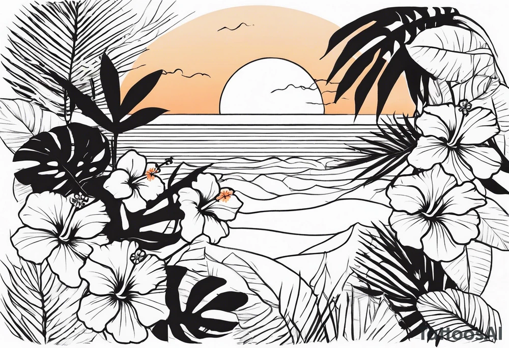 Tropical tatto with hibiscus and sunrise that says explore in delicate script tattoo idea