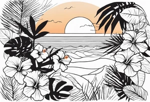 Tropical tatto with hibiscus and sunrise that says explore in delicate script tattoo idea