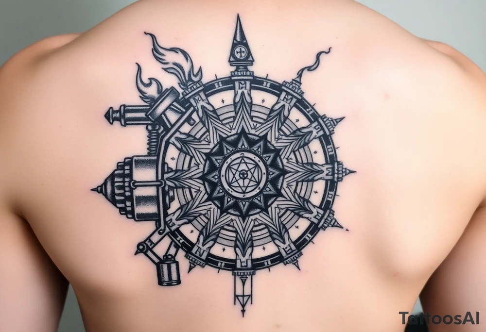 Geometric mechanical engine actively running, pistons pumping with flame/fuel, center chamber shows coal being compressed into diamond under pressure, alchemical symbols etched into the gears, steam and energy radiating outward, industrial sacred geometry, black and grey with hints of fire/orange, dynamic motion lines, upper arm tattoo, biomechanical meets sacred geometry style tattoo idea