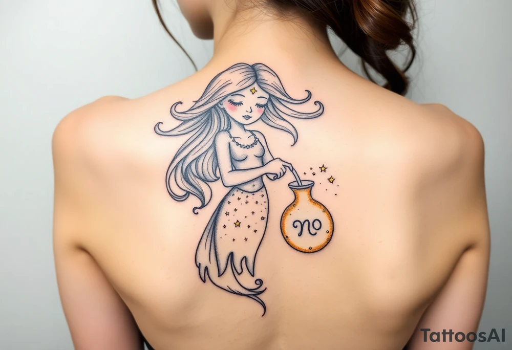 A celestial Aquarius goddess, with flowing hair made of stardust, pouring cosmic water from a golden jug with word "Aquarius". tattoo idea