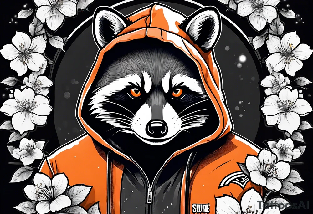 Raccoon wearing a white Superman logo on a black hoodie and orange Japanese cherry blossoms tattoo idea